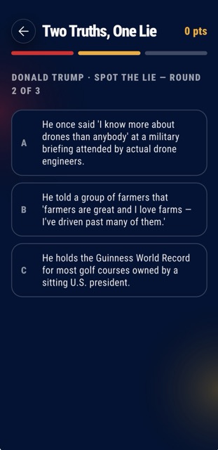 Two Truths & a Lie game screen
